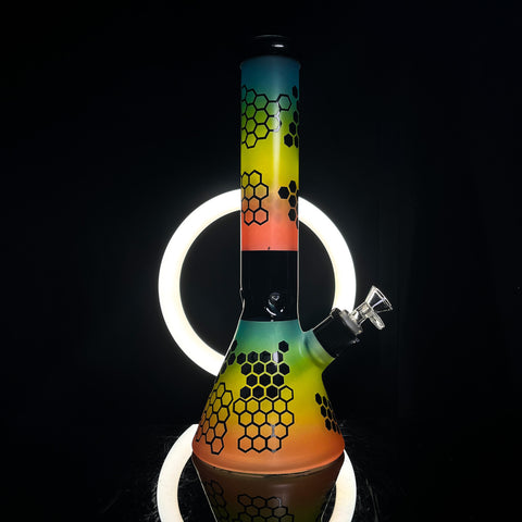 14" Neon Rainbow Honeycomb Beaker #CA033 - Planet Caravan Smoke Shop